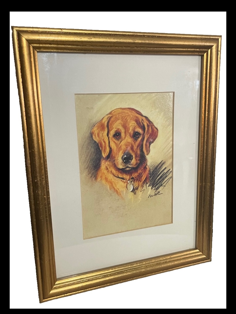 Vintage Golden Retriever Dog Portrait Print Framed Gold Tone 9.5x7.3 Signed